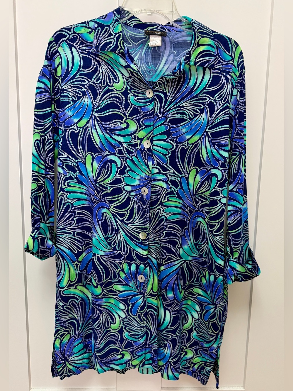 Vintage-Inspired Women's Button Front Top - Navy Blue & Teal Floral